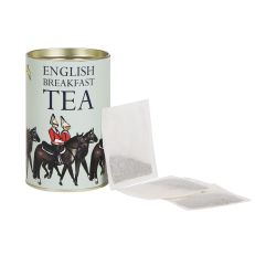 Blue tea tin with horse and guard illustrations and tea bags