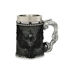 Stainless steel tankard with black sculpted raven and engraved handle
