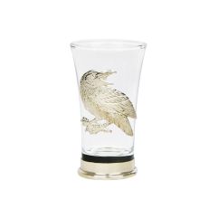 Shot glass with pewter base and raven badge