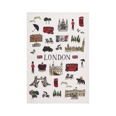 White tea towel featuring illustrations of London's landmarks 
