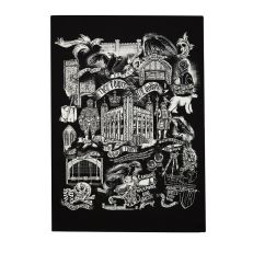 Black tea towel with white illustration of the Tower of London