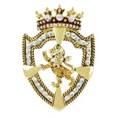 Gold plated lion crest crystal brooch