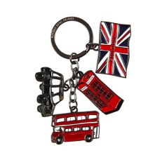 Keyring featuring Union Jack flag, black cab, red bus and red telephone box