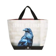 Black tote bag with image of a raven