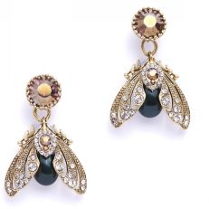 Gold plated bejewelled moth drop earrings