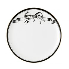 'Beware of the Wear Trap' black and white fine bone china dinner plate with illustrated bow design