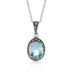 Blue topaz and marcasite sterling silver oval pendant