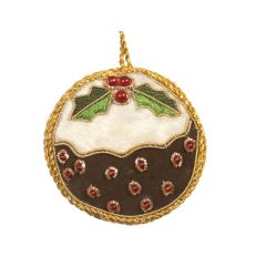 Christmas Pudding Decoration - A Christmas pudding hanging decoration featuring red gems and gold thread.