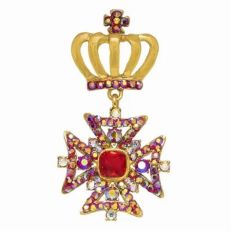 Gold plated crown and cross red AB crystal pin brooch