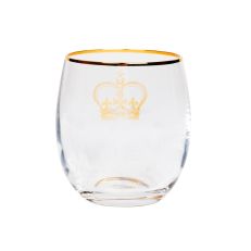 Crown Barrel Tumbler - A gold rimmed, glass tumbler with a gold crown engraved on the front and back.