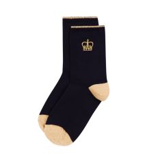 Crown Pair of Socks - A black and beige pair of socks featuring an embroidered gold crown at the top.