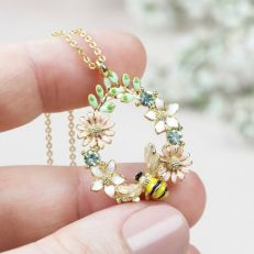 18ct gold plated crystal flower and bee droplet necklace