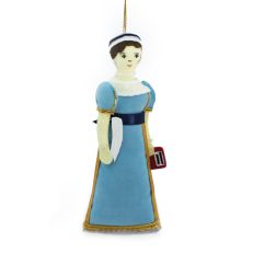 Hand stitched Jane Austen hanging decoration in blue Regency dress carrying a quill and notebook