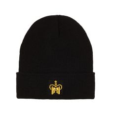 Historic Royal Palaces Logo Embroidered Beanie Hat - A black, woolly beanie hat featuring a gold crown on the front.