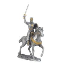 Mounted Knight with Lion Shield - A pewter model of a medieval knight on horseback holding a sword in the air and a lion rampant shield. Featuring gold and silver accents.