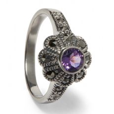 Amethyst and marcasite flower ring