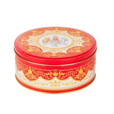 Royal Palace Crest Shortbread 400g - A red, white and gold tin featuring a gold, royal pattern & the Royal Coat of Arms in the centre.