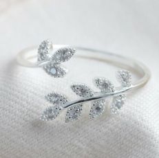 Sterling silver crystal fern leaf ring