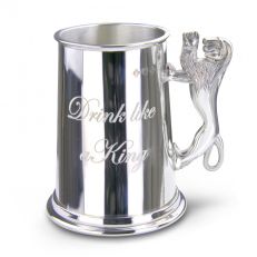 Drink like a king engraved pewter tankard with lion handle - Fine English pewter gifts