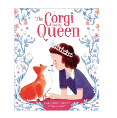 White book cover with red text displaying illustrated young Queen Elizabeth II and her corgi
