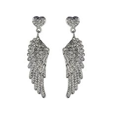 Rhodium plated wing and heart clear crystal stud earrings