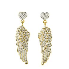 Gold plated wing and heart clear crystal stud earrings
