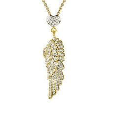 Gold plated wing and heart clear crystal pendant necklace