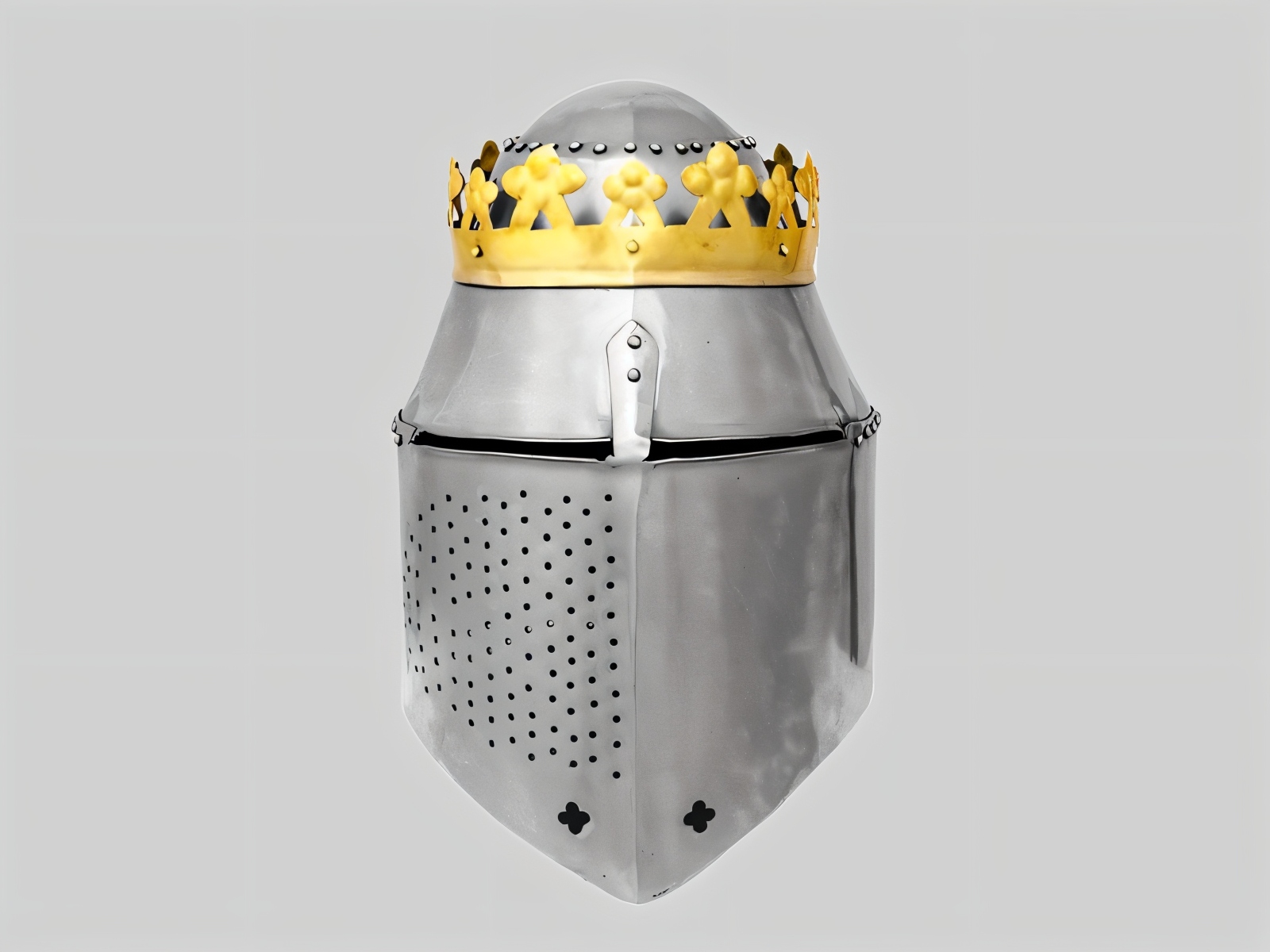 A light-grey background with a grey metal knight's helmet topped with a gold crown. 